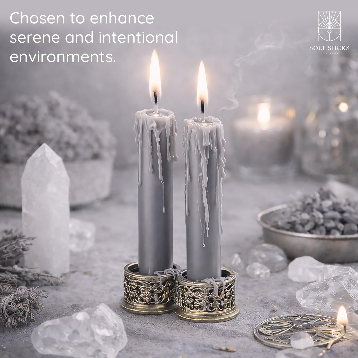 SOUL STICKS Wisdom Magic Spell Chime Taper Candles 20 Pack - Ideal for Altar, Rituals, Ceremonies, Meditation Grey Tapered Candle for Witchcraft Supplies, Wiccan Supplies, Candles Clearance