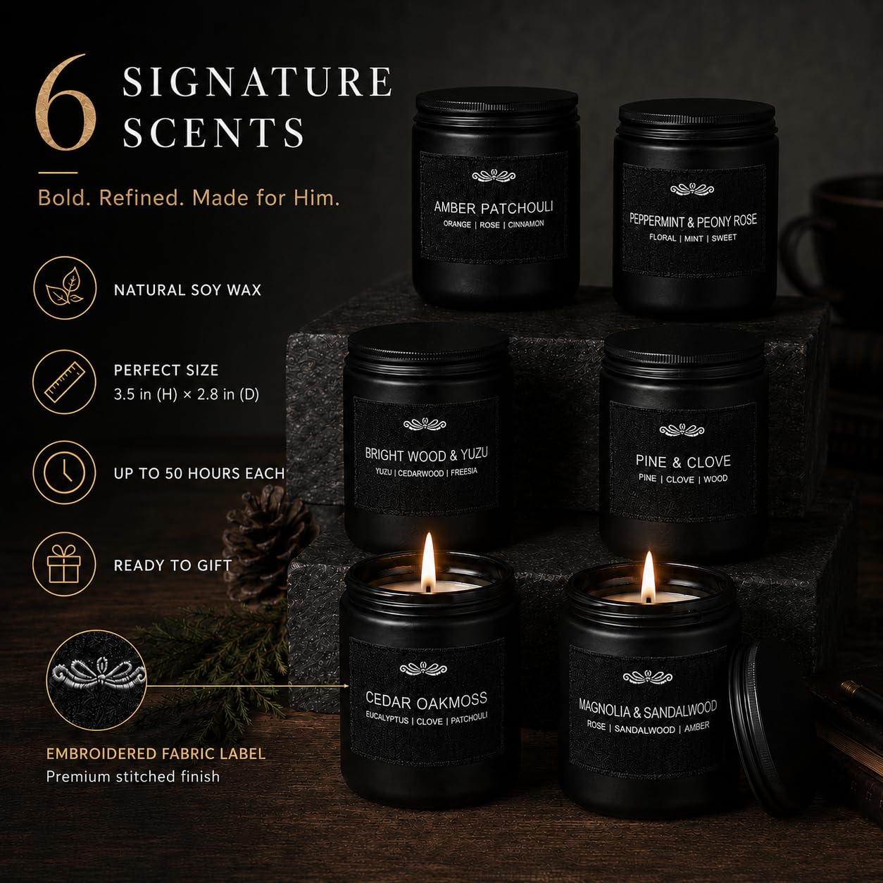 6 Pack Candles for Home Scented Aromatherapy Candles Gifts Set for Men, Men Candle Set, 42 oz 300 Hour Long Lasting Candles, Gifts for Mens Birthday Fathers Day Anniversary Present