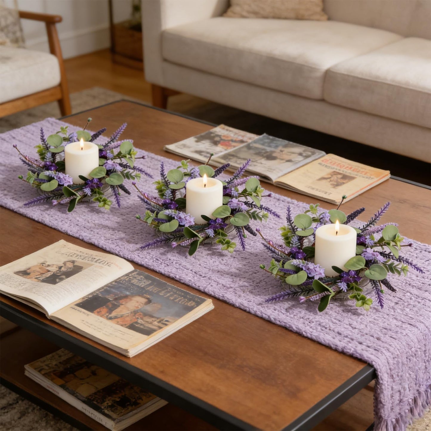 6 Pcs Small Lavender Candle Ring Wreaths Mini Pillar Candle Holder Wreath with Violet Hydrangea Flowers and Eucalyptus Leaves Artificial Spring Summer Wreath for Home Kitchen Table Cnterpieces