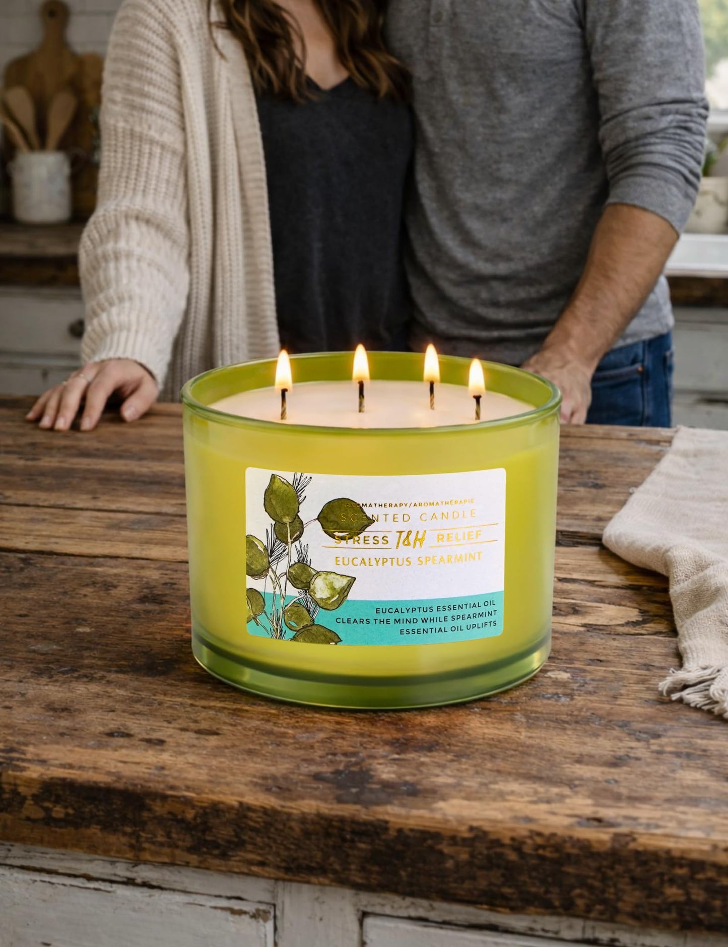 Eucalyptus Spearmint Candle | 4 Wick Extra Large Scented Soy Candle 20 oz | Highly Scented Aromatherapy Stress Relief Spa Candles | Fresh Eucalyptus Mint Home Scent | Long Lasting Clean Burn
