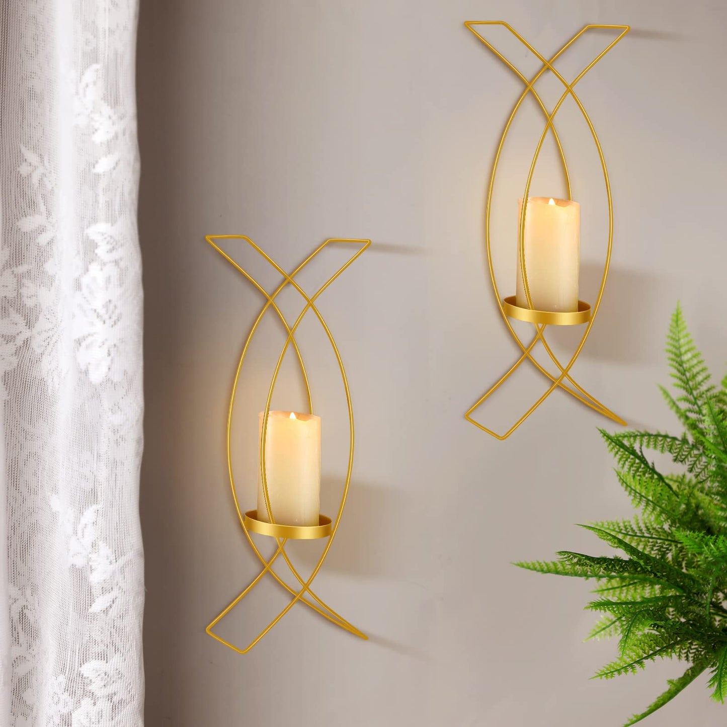 Vesici Candle Sconces Set of Two Metal Wall Candle Holder Wall Mounted Sconces Decorative Iron Holder for Living Room Bedroom Dining Room Decorations(Gold)