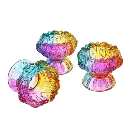 TOMETURE 3pcs Colored Small Glass Butter Lamp Holders Tealight Stand Crystal Candlestick Holders Buddhist Supplies Decorative Candle for Home and Meditation