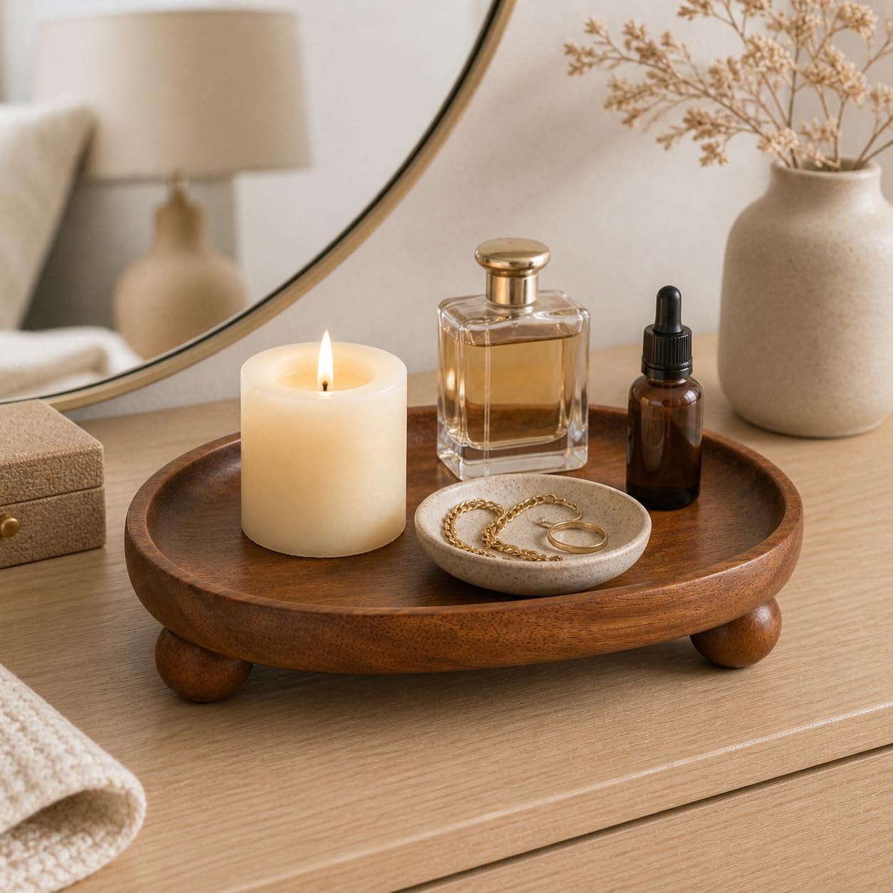 Gdfjiy Candle Tray, Wooden Candle Holder with Ball Feet, Decorative Candle Plate Candlestick Holder, Rustic Soap Dish Jewelry Tray for Bathroom, Vanity, Coffee Table, Party, Wedding and Home Decor