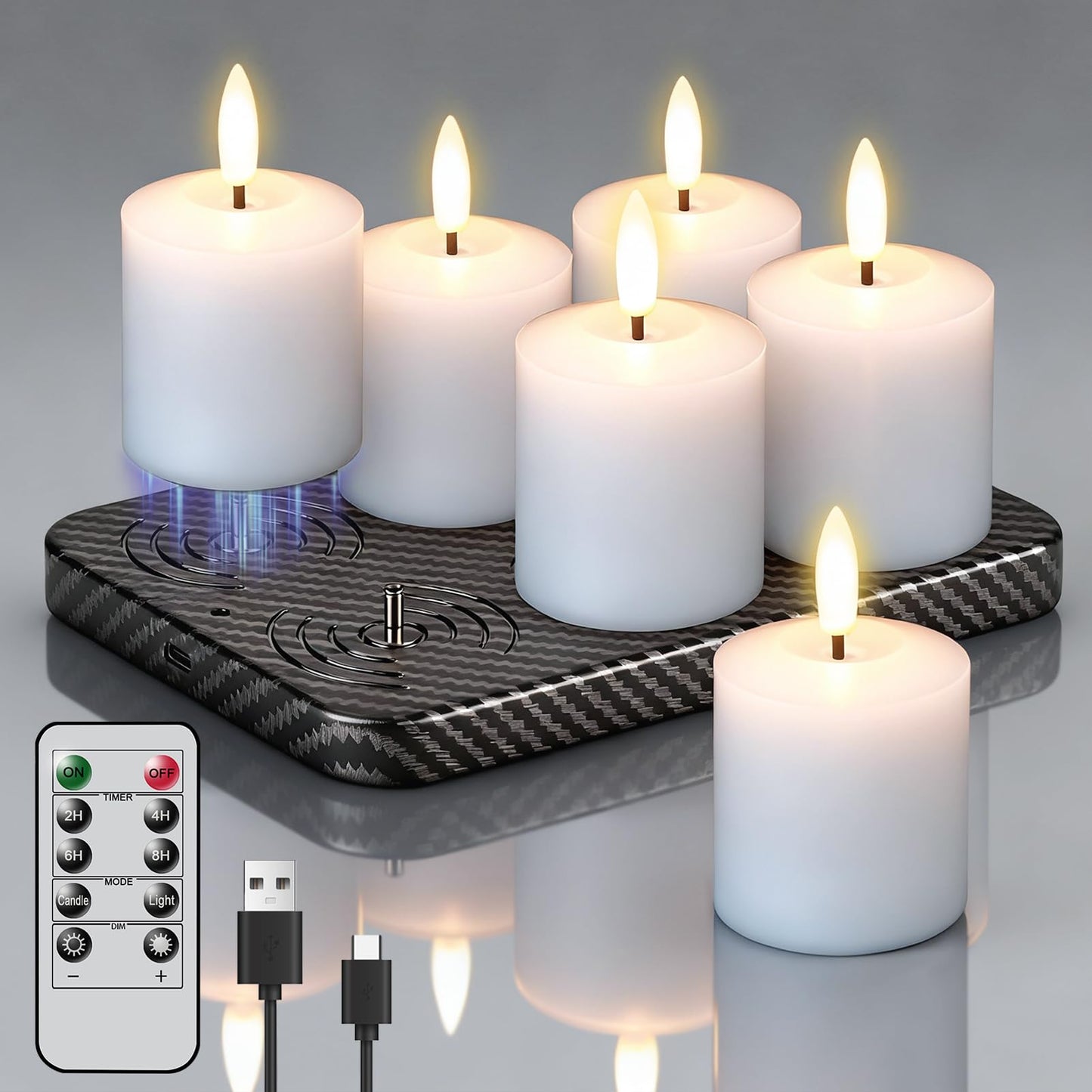 GenSwin Rechargeable Votive Candles Battery Operated with Charging Base, 6 Pack LED Flameless Battery Votive Candles with Remote Timer(White, Real Wax, 2 x 3.2 Inch)