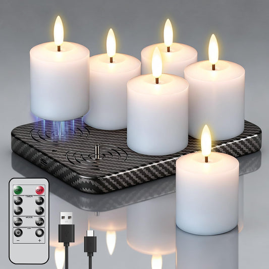 GenSwin Rechargeable Votive Candles Battery Operated with Charging Base, 6 Pack LED Flameless Battery Votive Candles with Remote Timer(White, Real Wax, 2 x 3.2 Inch)
