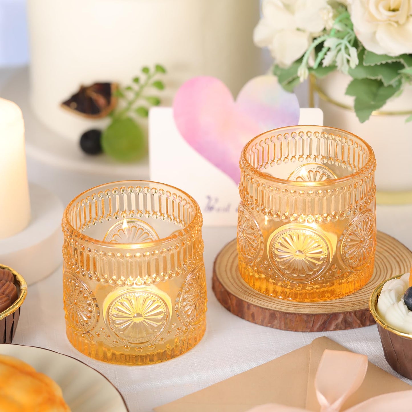 Sunnyfuture 6Pcs Large Votive Candle Holders Orange Glass Tealight Candle Holders for Wedding, Table Centerpiece, Party, Birthday, Home Decor