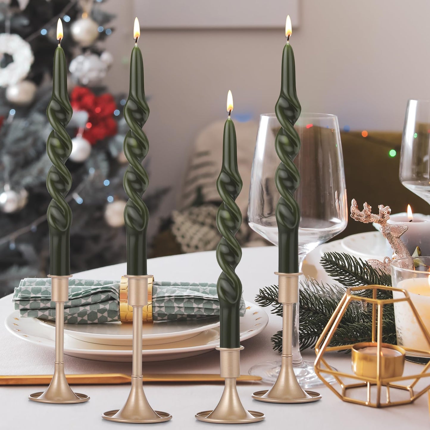 Zhengmy 4 Pcs Spiral Taper Candles, 10" Long Twisted Wax Candlesticks for Spring, Wedding, Birthday, Baby Shower, Anniversary, Holiday Party Home Table Decor(Green)
