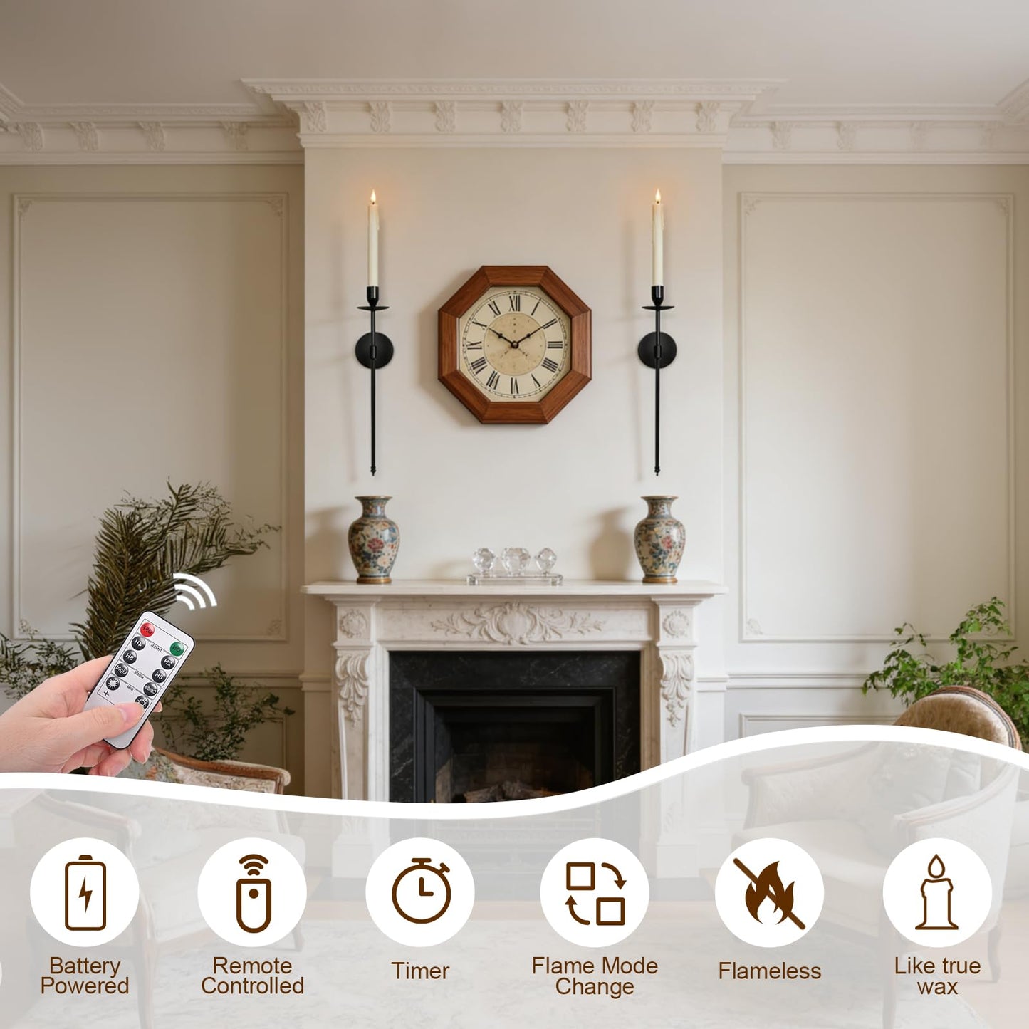 Yollzey Candle Holder Wall Sconces Set of 2 with Battery Operated Candles and Remote Control, Wall Sconces Home Decor, Battery Candle Sticks Holder with Flameless Flickering Taper Timer Black