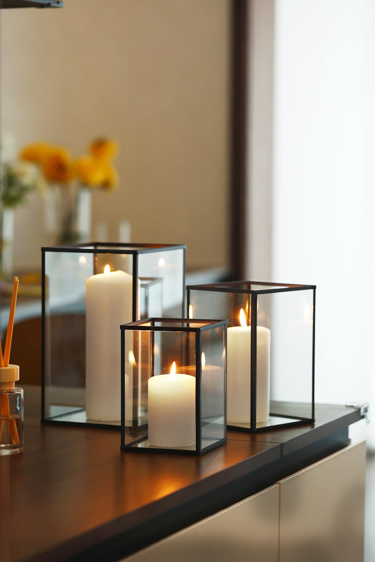 PHOSPHOR Hurricane Glass Candle Holder Set of 3 Pieces Black Hurricane Candleholders for Wedding Party Holiday Birthday Home Decor Lanter
