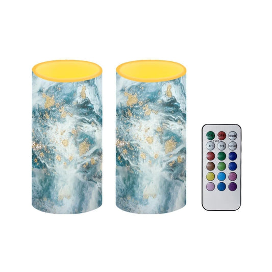 NETILGEN Flameless Candles LED Battery Operated Candles with Realistic Set of 2 with 18 Key Remote Control Timer Dancing Flame Pillar Candles for Home Farmhouse Decor, Blue Gold Marble