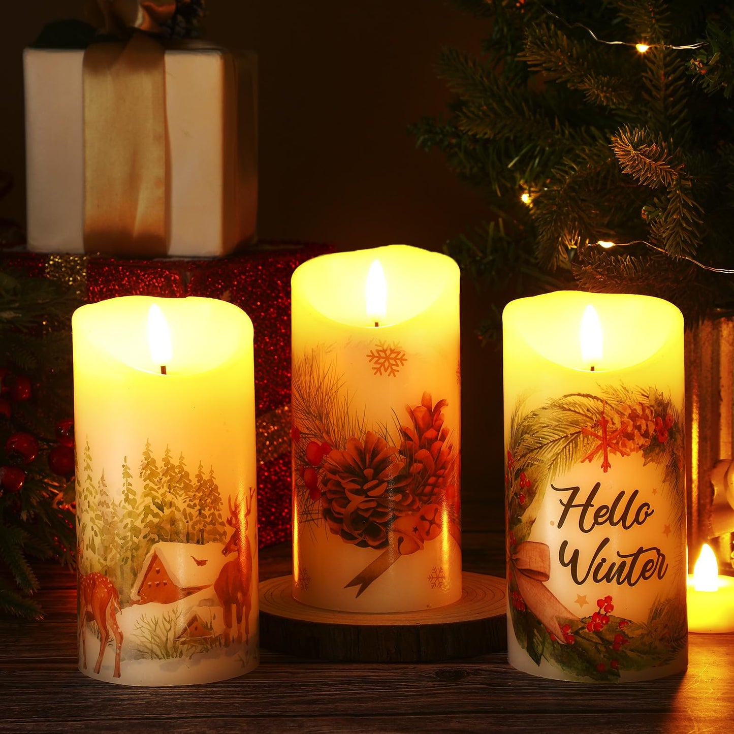 ROCEEI 3 Pcs Winter Forest Candles Battery Operated LED Candles Winter Forest Style Pillar Flickering Real Wax Decorations for Indoor Holiday Party Table Decor