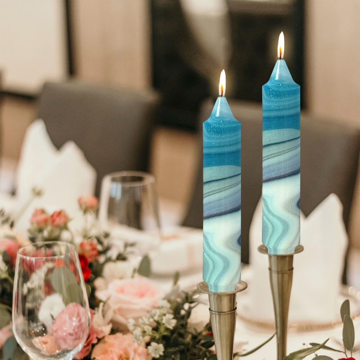 Floral Taper Candles 7inch Unscented Long Chinoiserie Candlesticks Handmade Dripless Marble Candle Sticks for Emergency, Wedding Home Décor Festive Seasons Holiday 4pcs