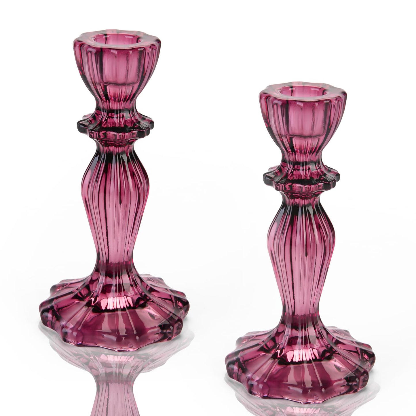 Glass Candle Holders, 2PCS Wide Base Candlestick Holder Decorative Candle Stand Table Centerpieces for Halloween Christmas Wedding Birthday Party, Dark Purple