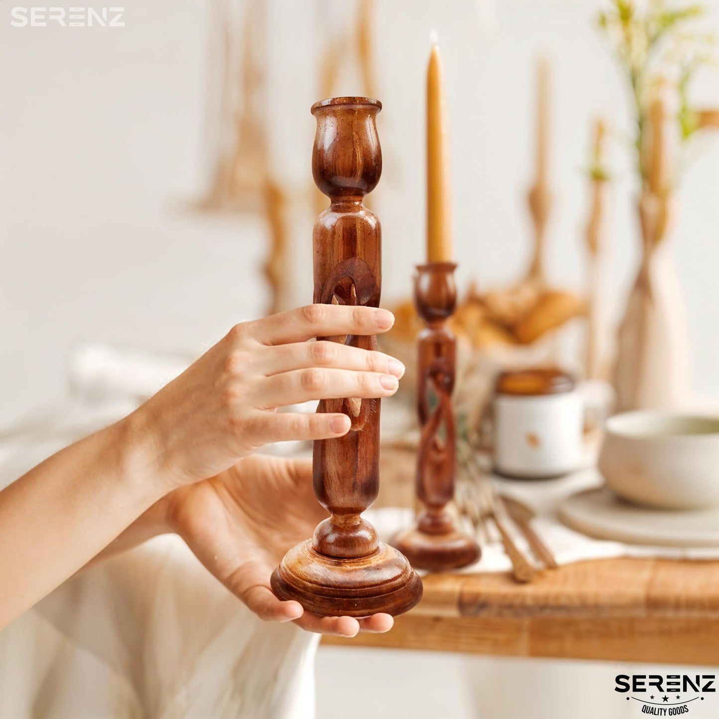 Serenz Handmade Wooden Candle Holder Stand for Home Décor Decorative Tealight Gifts Item, Set of 3