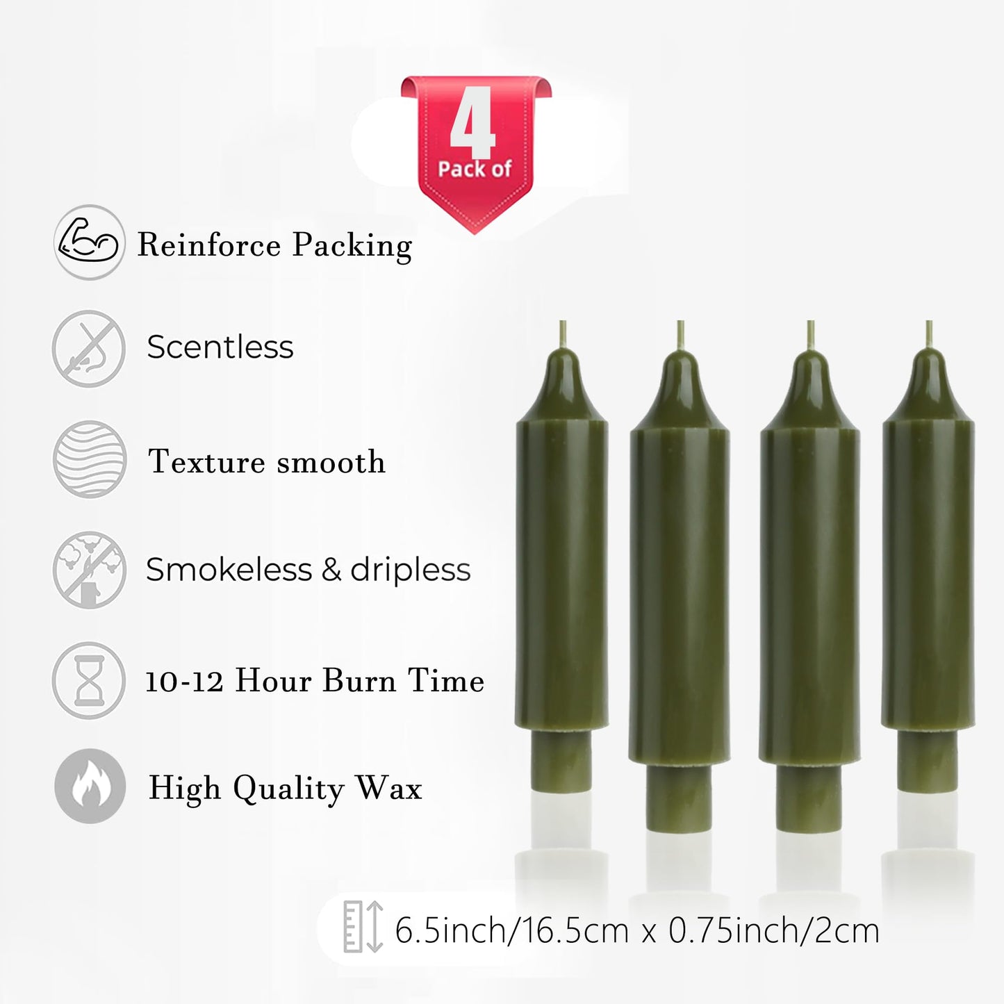 Olive Short Taper Candle SticksDripless Dinner Candle for Wedding Party Decoration Home Dinner,6.5inch,4 Pack