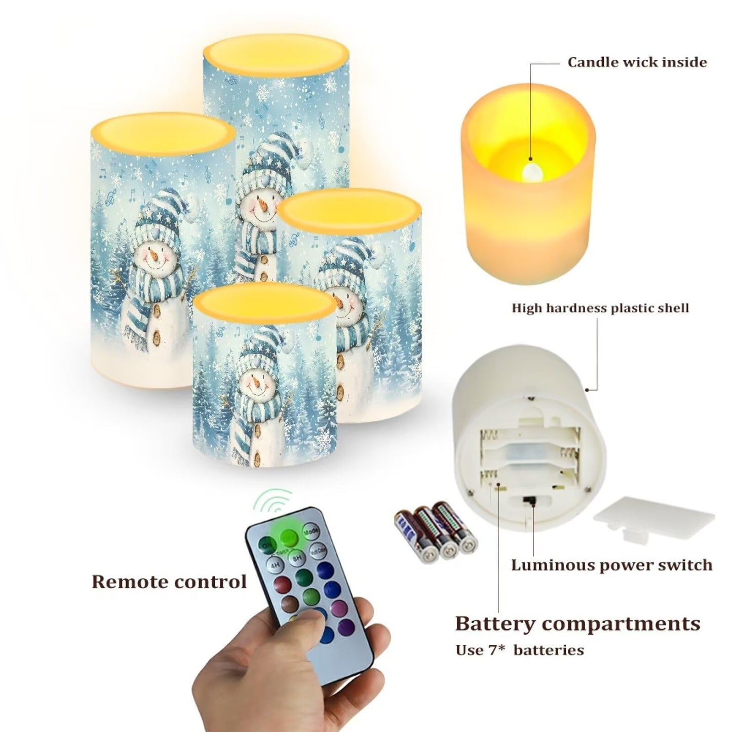 NETILGEN Christmas Holiday Decorative Flameless Candles with Battery Powered Multicolor Lights Timer Remote Control Candles Set of 4 Blue Snowman