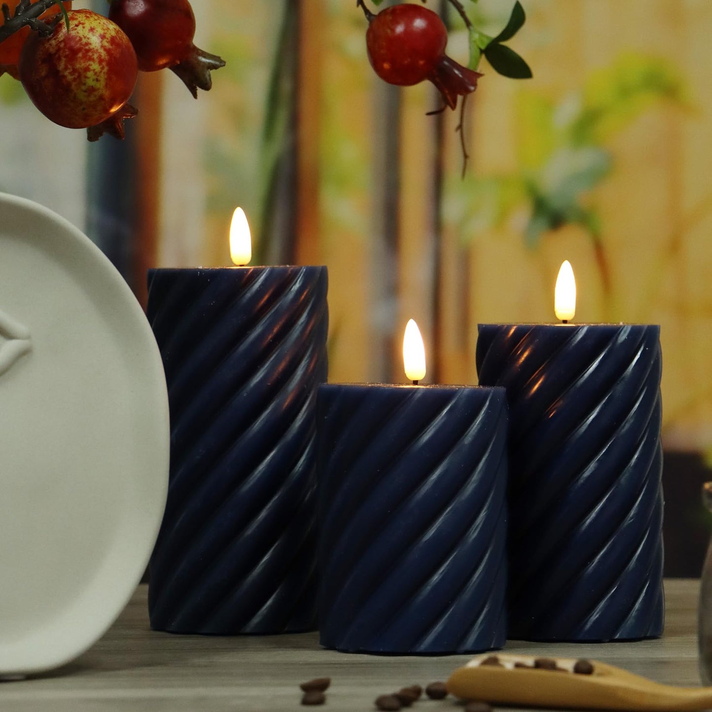 Real Wax Spiral Flameless Candles with Timer Battery Operated LED Pillar Candles Flickering Flame Electric Lights for Wedding Holiday Party Home Decor Valentine's Day Christmas Gifts,3 Pack(Navy)