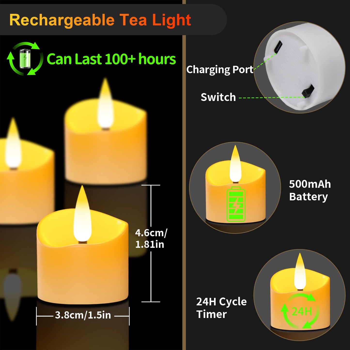 YiaMia Upgraded Rechargeable Tea Lights 12 Pack, Flameless Tea Light Candles with Charging Base and Remote & 24H Timer - Can Last 100+ Hours Battery Candles for Votive, Wedding, Halloween, Christmas