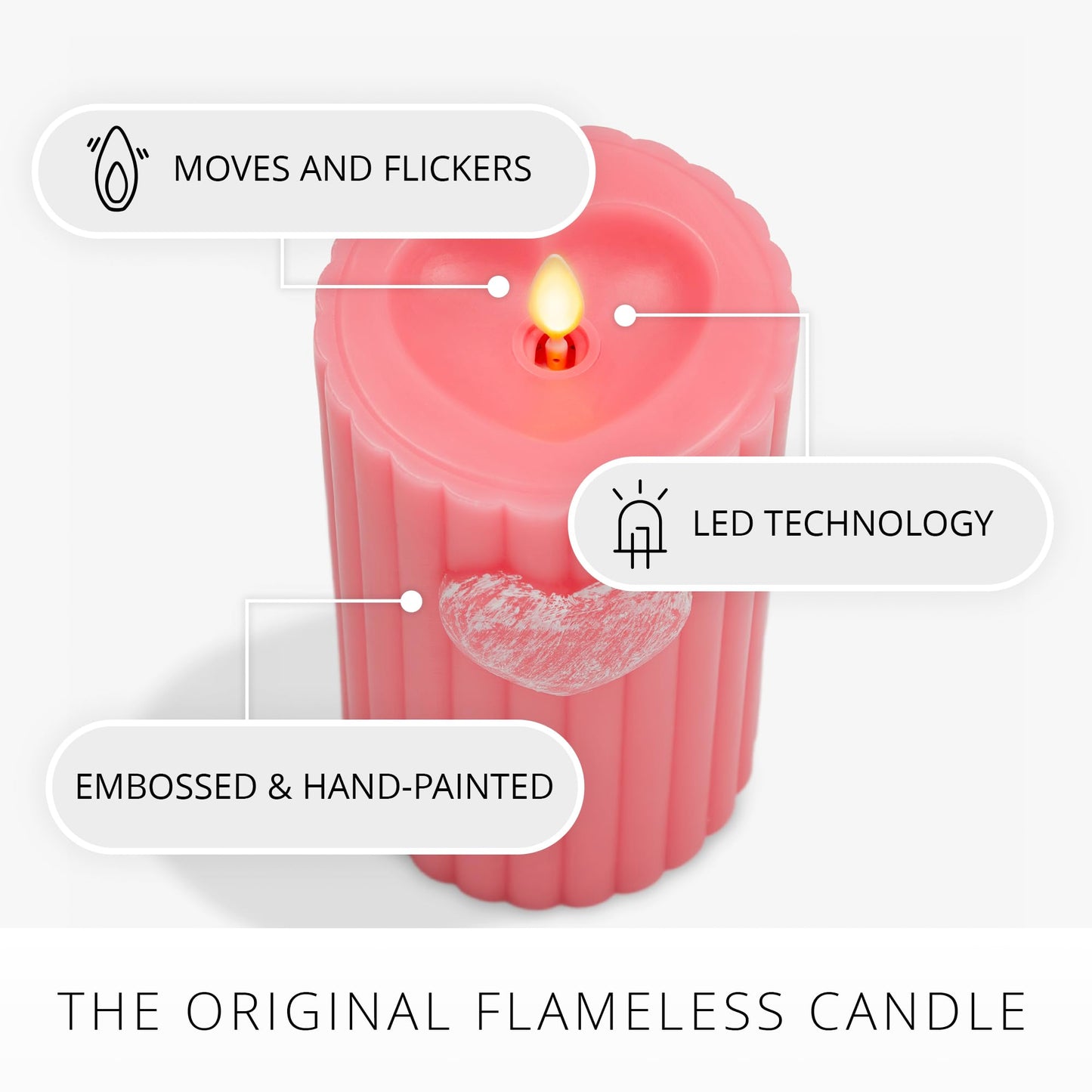 Luminara Flickering Flameless 3.7" x 6.5" Pillar Candle, Battery Operated Remote Ready (Sold Separately) & Timer Function, LED Light, Ribbed Real Pink Wax w/Embossed Heart Design for Valentine's Day