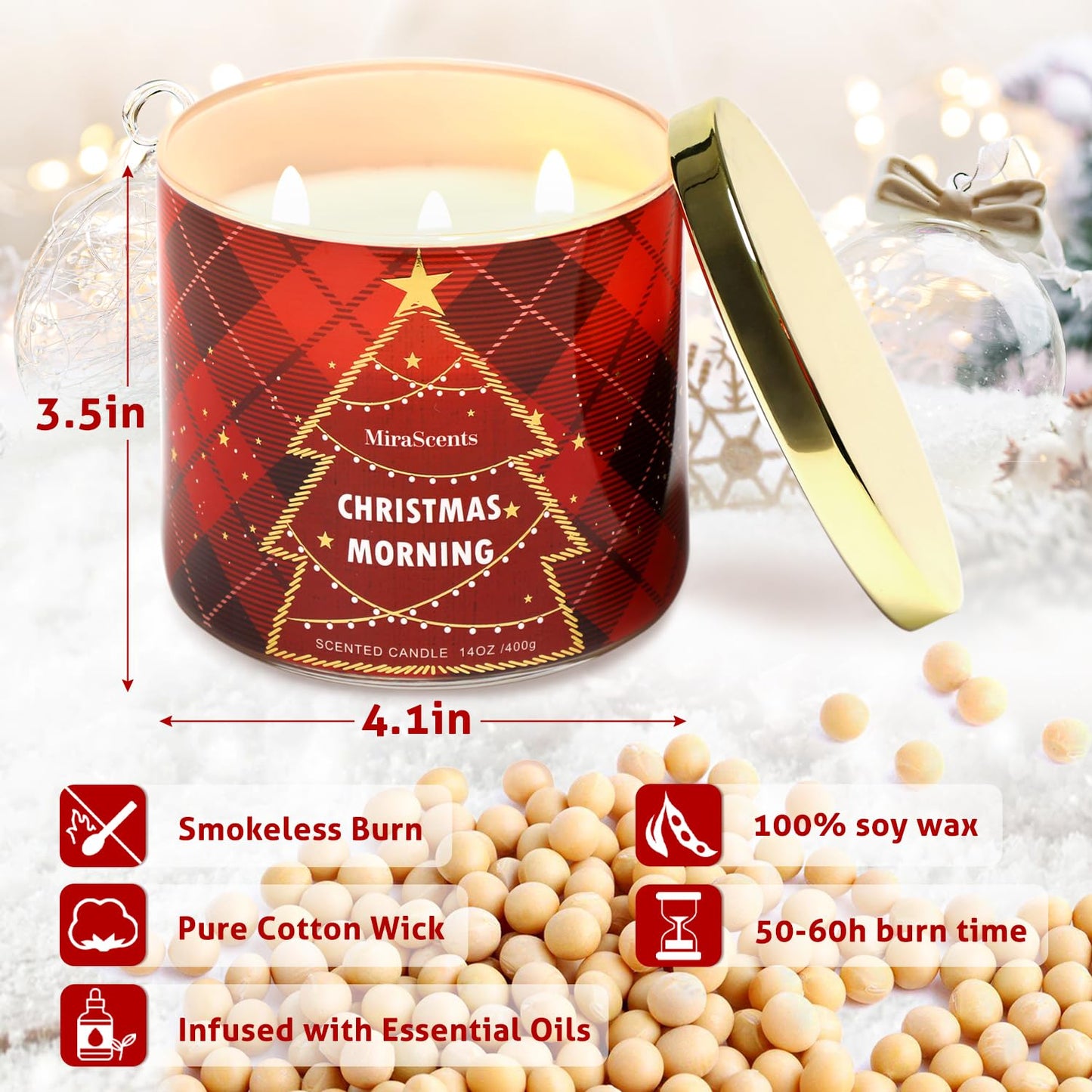 Christmas Scented Candle, MiraScents Christmas Morning Scented Candle, 3 Wicks Large Candle Natural Soy Wax Candles, Red Xmas Tree Candles Gifts, 14oz