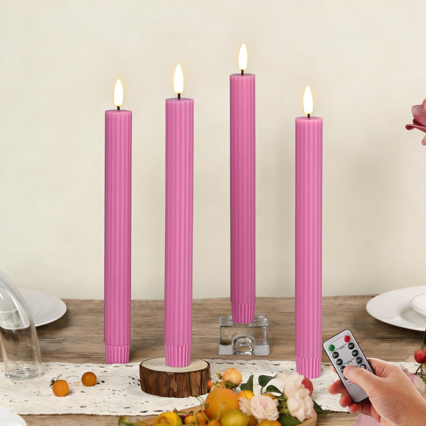 Girimax Hot Pink Ribbed Fluted Flameless Taper Candles with Remote, Flickering Battery LED Wax Candlesticks Wedding Home Decor Set of 4