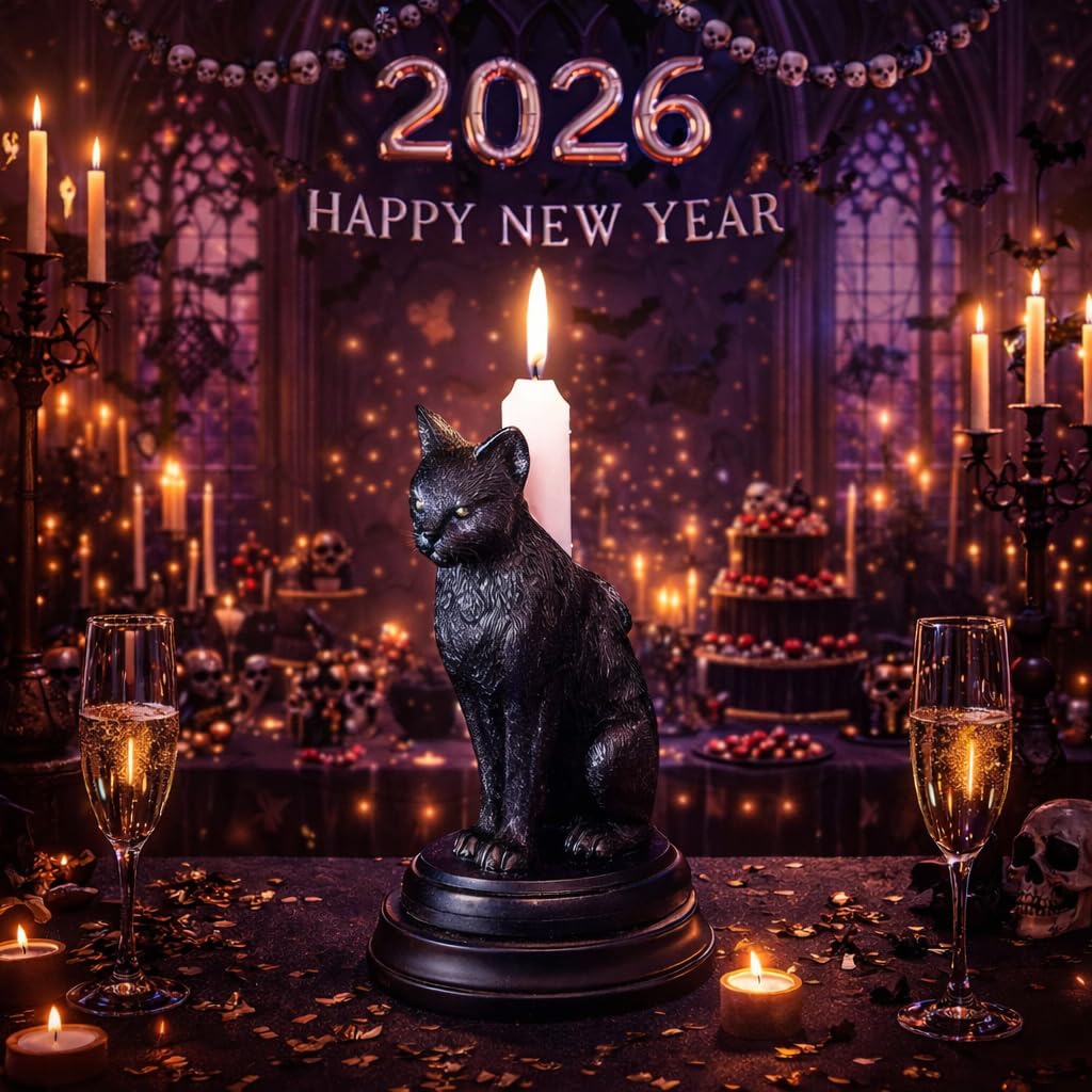 Gothic Black Cat Candle Holder Statue,Resin Cat Candlestick Holder,Halloween Gothic Tabletop Decor for Home,Dining Table & Party,Witchy Cat Figurine Gift (cat)