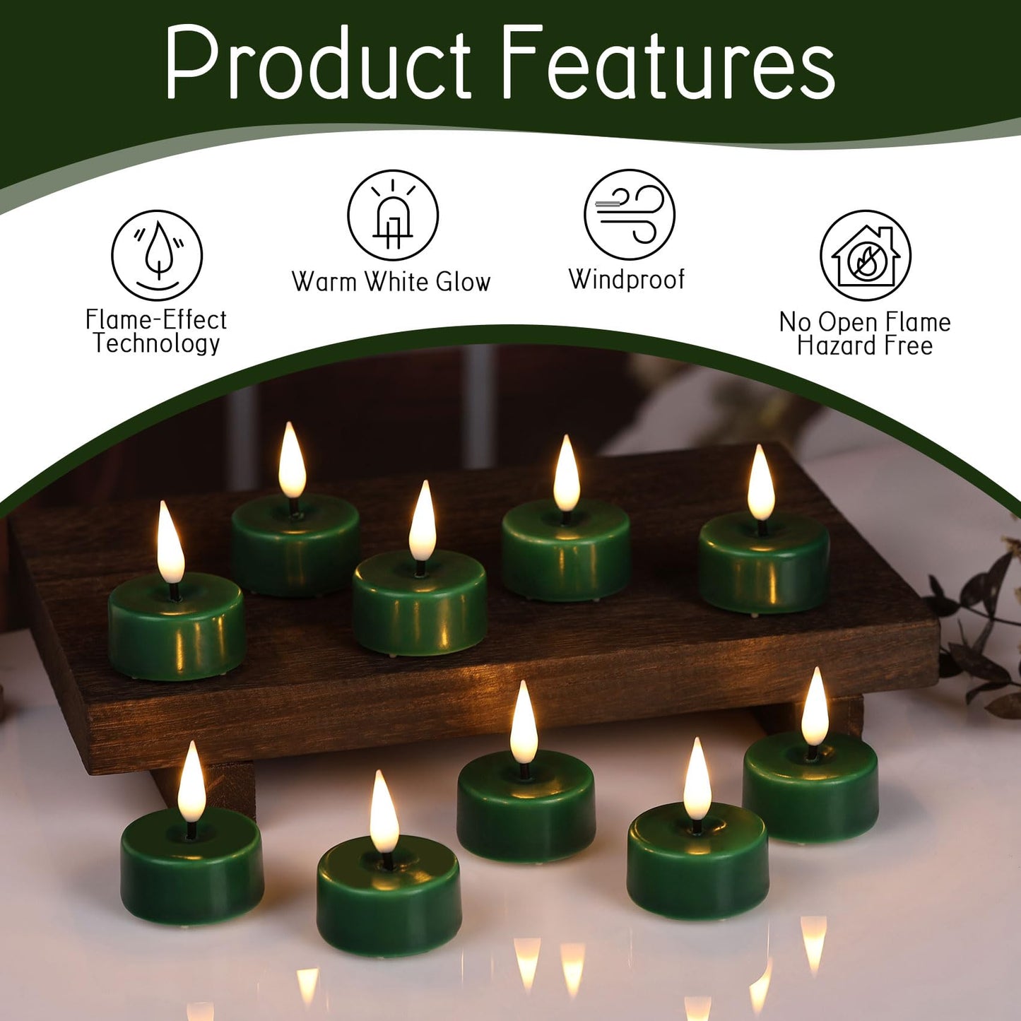 Eywamage Green Flameless Wax Tealights with Remote Batteries, Flickering LED Tea Votive Candles Set of 10