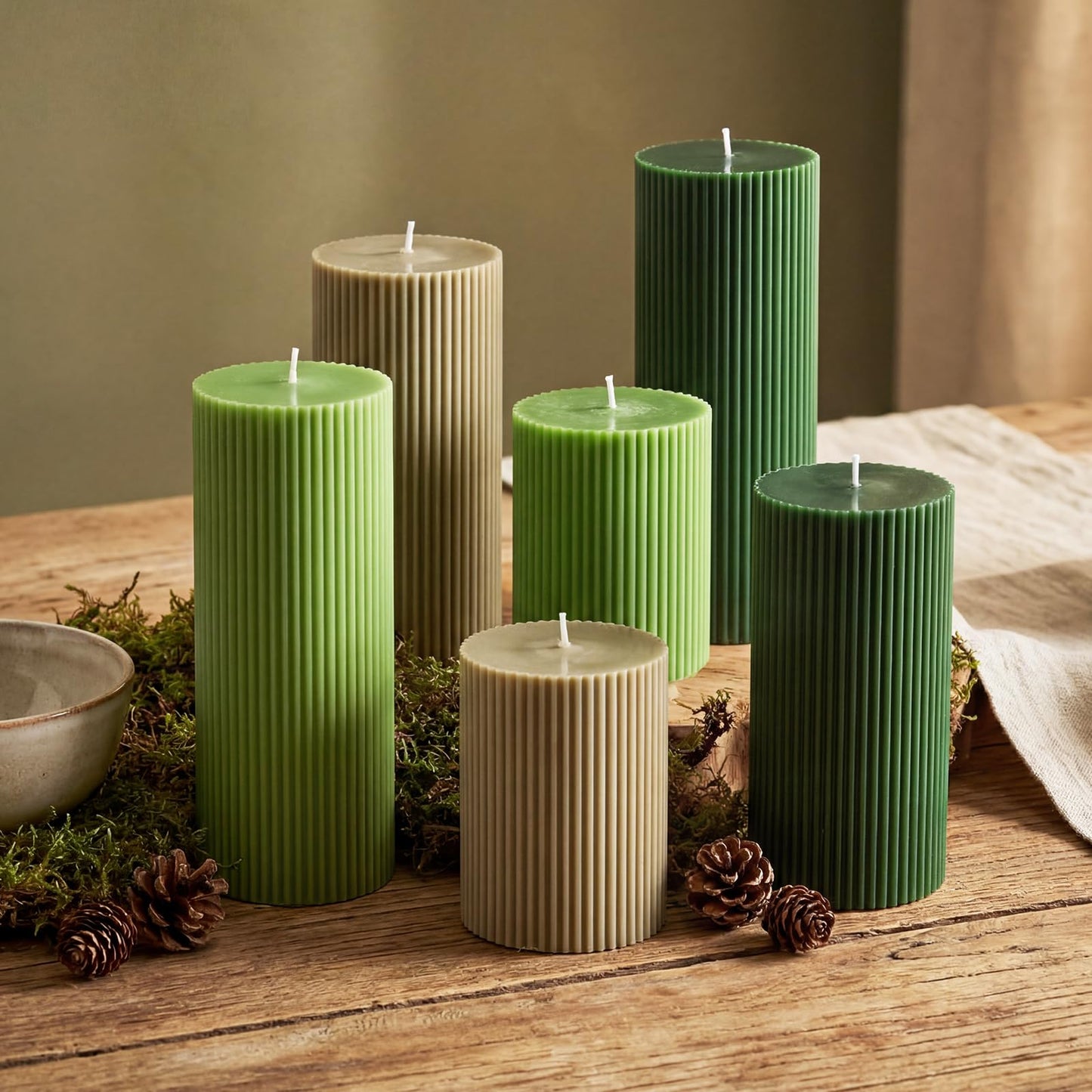 Lyrow 6 Pcs Ribbed Pillar Home Decorative Candles Aesthetic Modern Home Decor Soy Wax Unscented Pillar Candles Width 3" High 4" 6" 8" for Bathroom Living Room Wedding Dinner Party(Green)