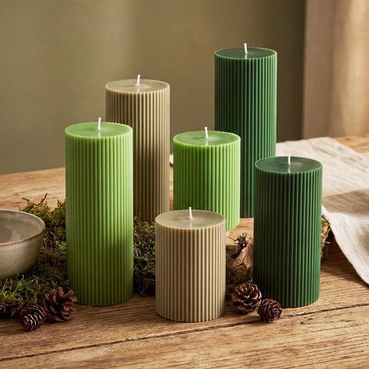 Lyrow 6 Pcs Ribbed Pillar Home Decorative Candles Aesthetic Modern Home Decor Soy Wax Unscented Pillar Candles Width 3" High 4" 6" 8" for Bathroom Living Room Wedding Dinner Party(Green)
