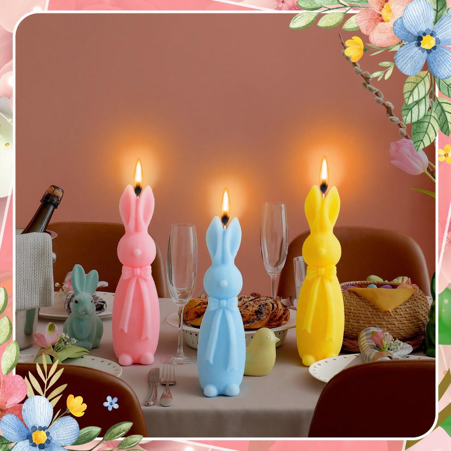 Lounsweer 3 Pcs Easter Bunny Candle Scented 5.7 Inch Pastel Mini Rabbit Shaped Votive Easter Flower & Fruit Scented Pillar Candle for Home Table Shelf Living Bedroom Party Gifts, Macaron Color
