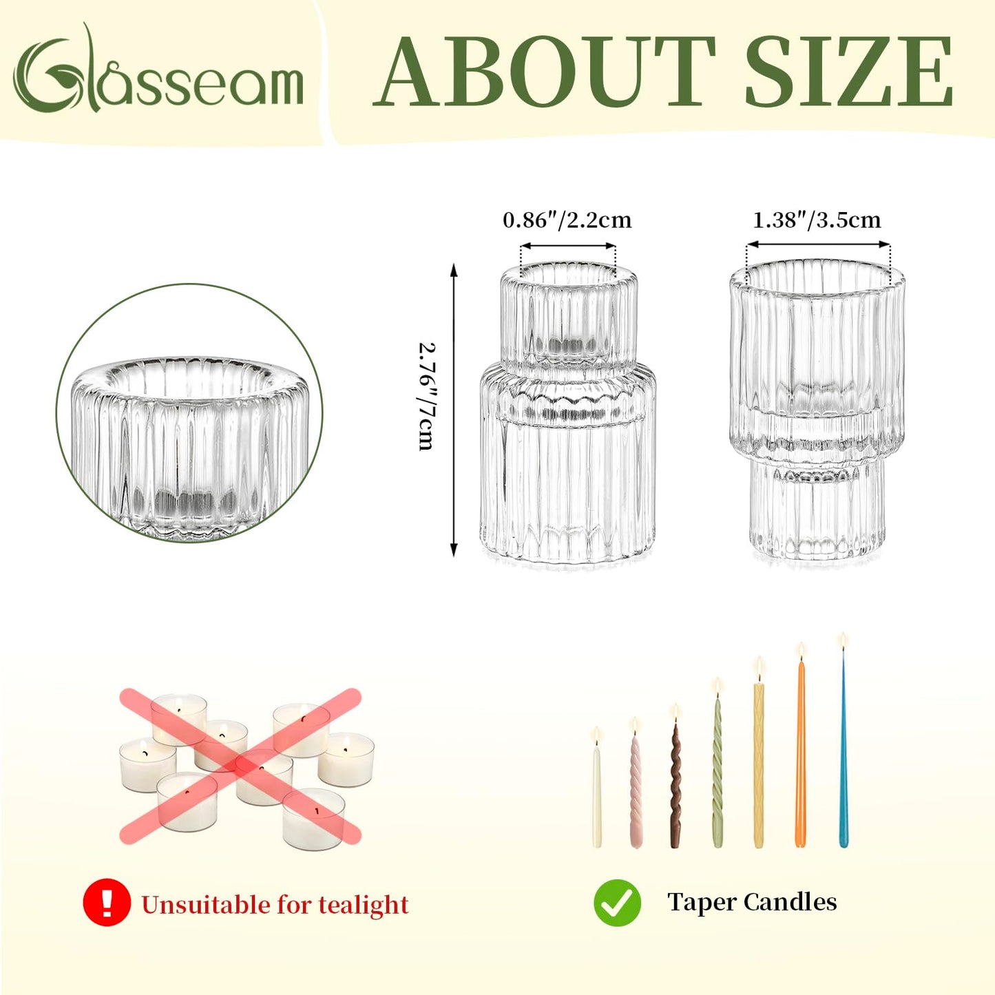 Glass Candlestick Taper Candle Holder: Glasseam Set of 2 Small Candle Holders for Candlesticks, Modern Crystal Clear Tapered Candle Stick Holder for Wedding Dining Table Centerpiece Christmas Decor