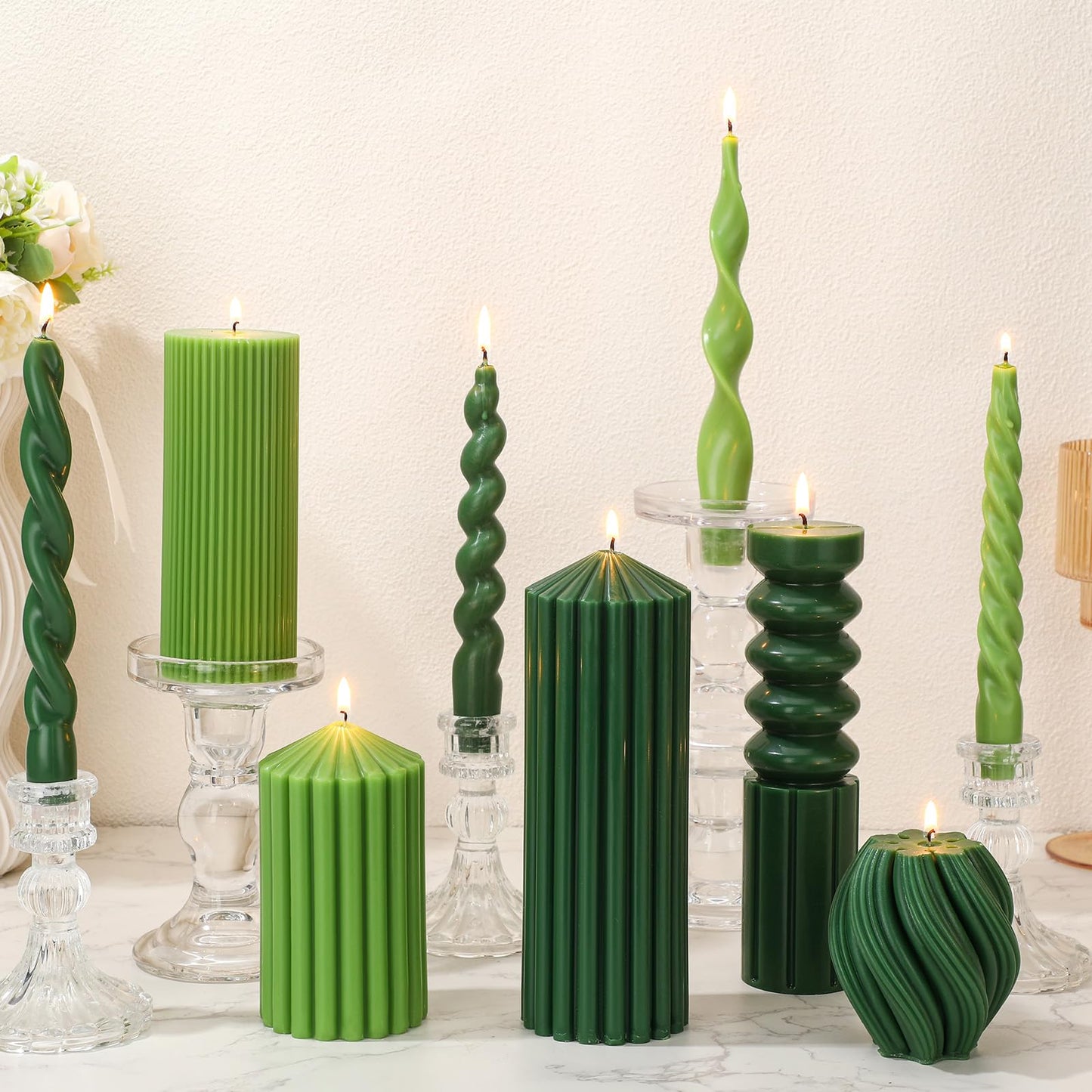 Nuanchu 9 Pcs Modern Decorative Candles Set 5 Pillar Aesthetic Ribbed Candles 4 Spiral Taper Twisted Candlesticks Scented Smokeless Soy Wax for Wedding Holiday Dinner Home Decorations(Green)