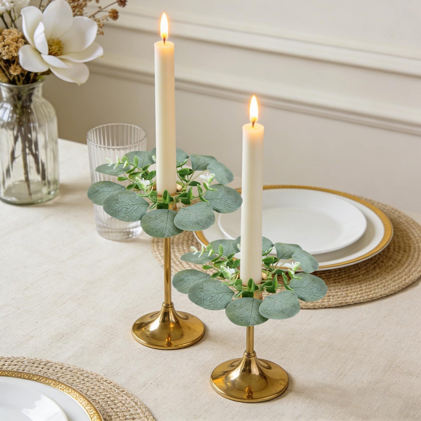 4 PCS Artificial Eucalyptus Taper Candle Rings Wreaths 1.38" Mini Spring Summer Greenery Taper Candle Holder Wreaths Green Rings Table Centerpieces Wreath for Church Farmhouse Home Candlesticks Decor