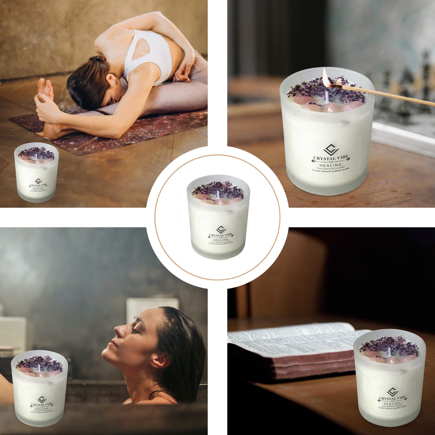 Crystal Vibe Healing Crystal Candle with Rose Quartz Crystals and Lavender Petals - Natural Soy Wax Lavender Scented Candle for Aromatherapy Meditation - Birthday Gifts for Women Girlfriend