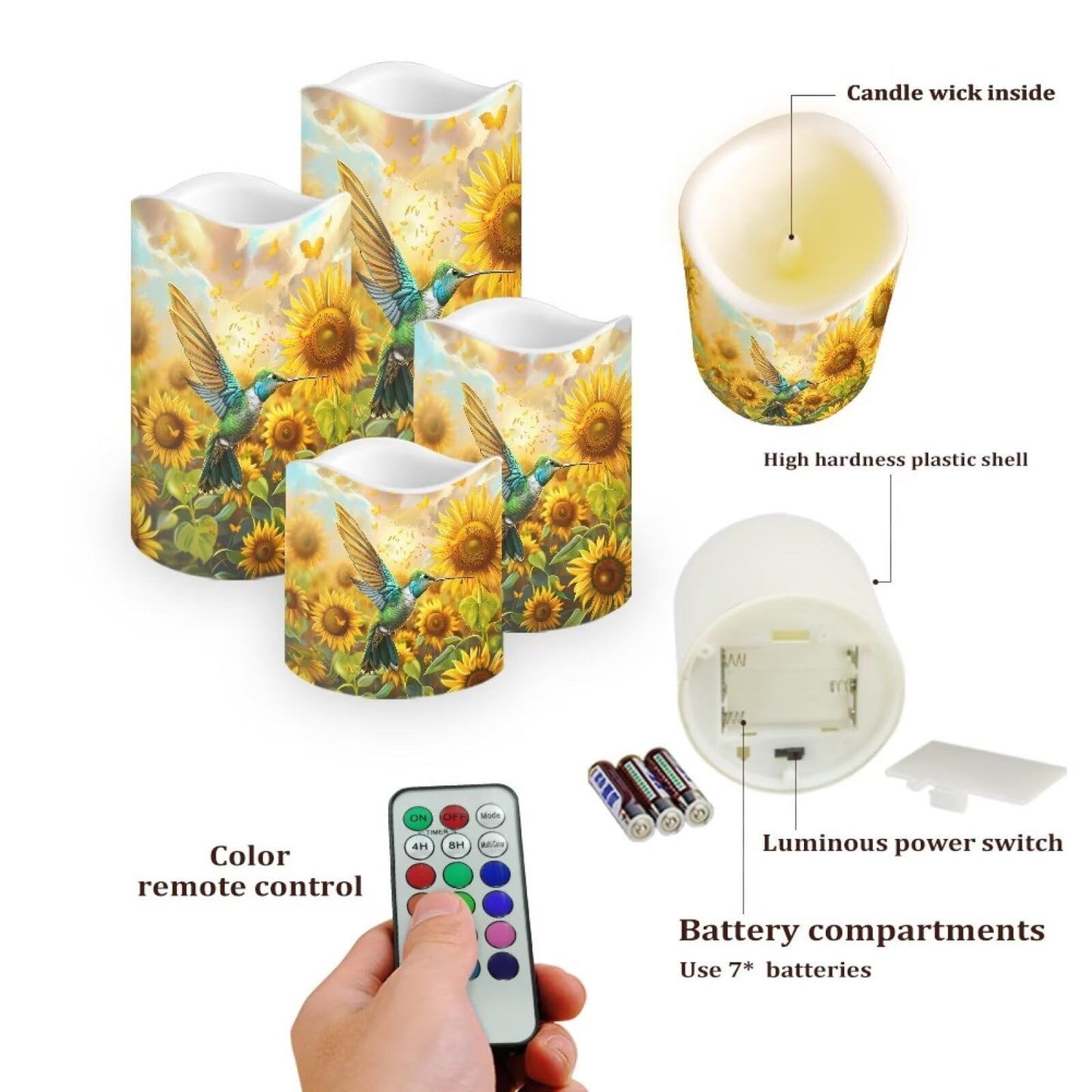 Ystardream Operated Candles with Flickering Flame Flameless Taper Candles Flickering Operated Electric Pillar Candle LED Candle for Indoor Outdoor Home Decor Hummingbird Sunflower