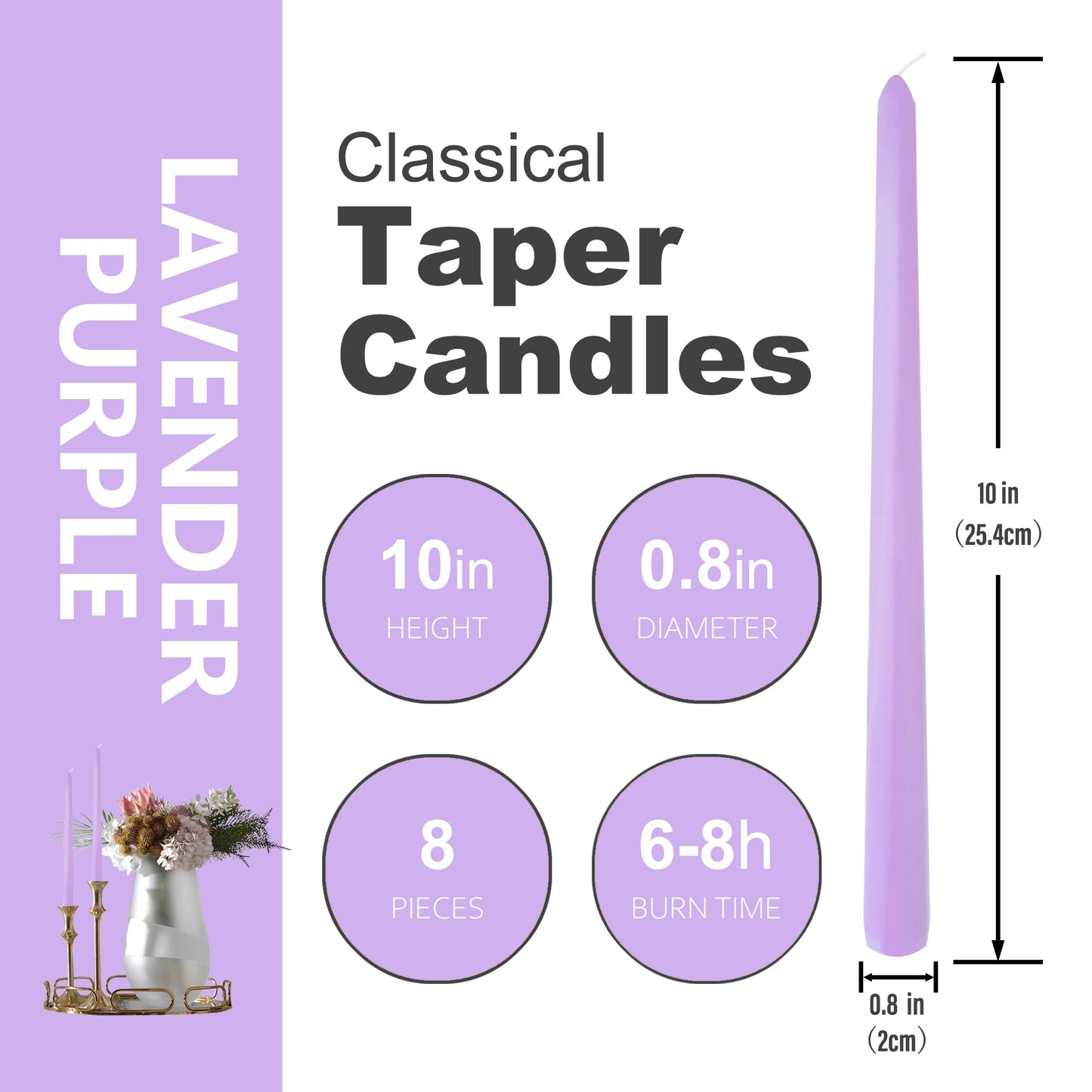 8 Pack 10 Inch Lavender Purple Taper Candles for Dinner Home Decor Wedding Shower
