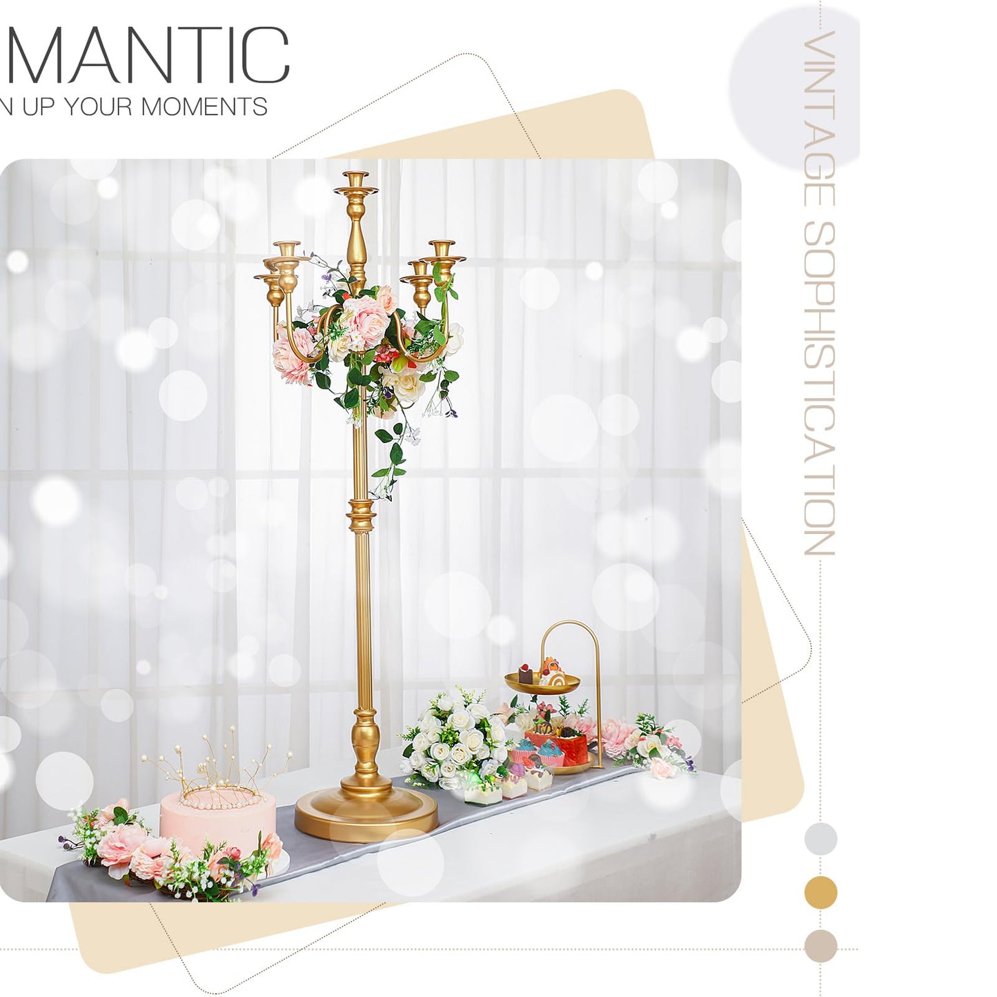 2 Pcs Gold Wedding Floor Candelabra 50 Inch Antique Led Candle Stand Metal 5 Arm Candelabra Centerpiece Decoration for 5 Candlesticks Bridal Shower Christmas Aisle Event Birthday Party Ceremony Home