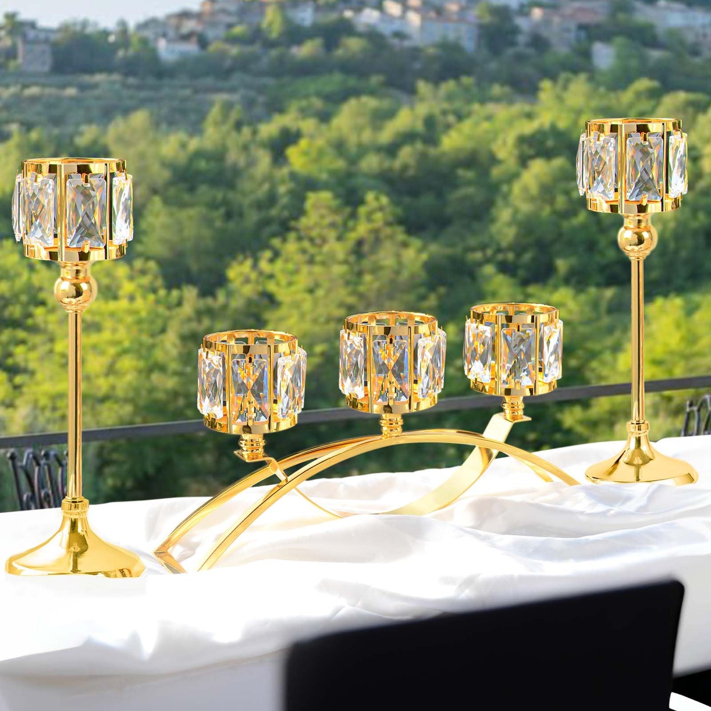3 Arms Crystal Bowl Tealight Candelabra Votive Candle Stand, Wedding centerpieces for Tables Crystal Candlestick，Centerpiece Table Decorations (Set of 3 Pure Gold)
