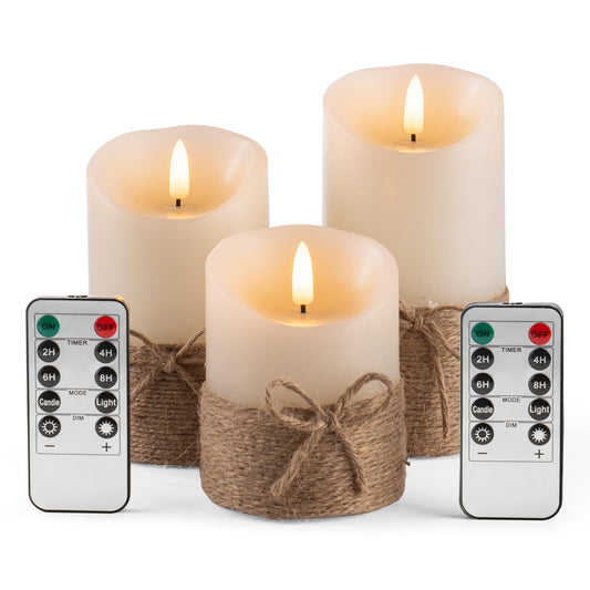 AKU TONPA Flameless Candles Battery Operated Pillar Real Wax Electric LED Candle Gift Set with Remote Control and Timer, 4" 5" 6" Pack of 3, Ivory Wax with Hemp Rope