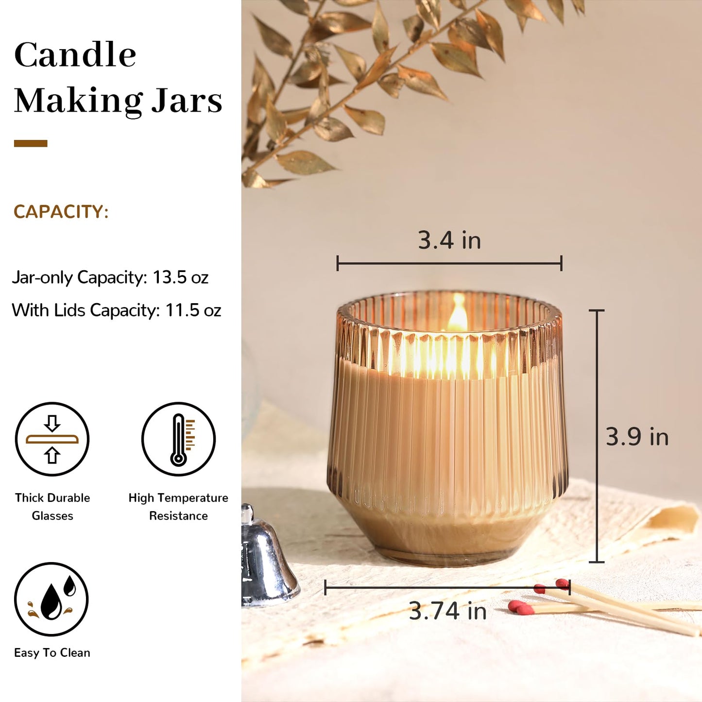 Simeitol 13 OZ Candle Making Kit - 6 Pack Amber Ribbed Glass Jars With Bamboo Lids and Wick Kit for Containers