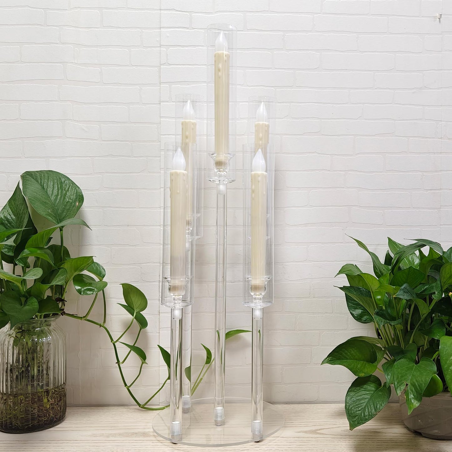 2Pcs 26.8'' Acrylic Candelabra Centerpieces for Wedding Table Decorations,Clear 5 Arms Candlesticks Holder with Acrylic Shade for Candlelight Dinner Party Fireplace Gift with LED Candle