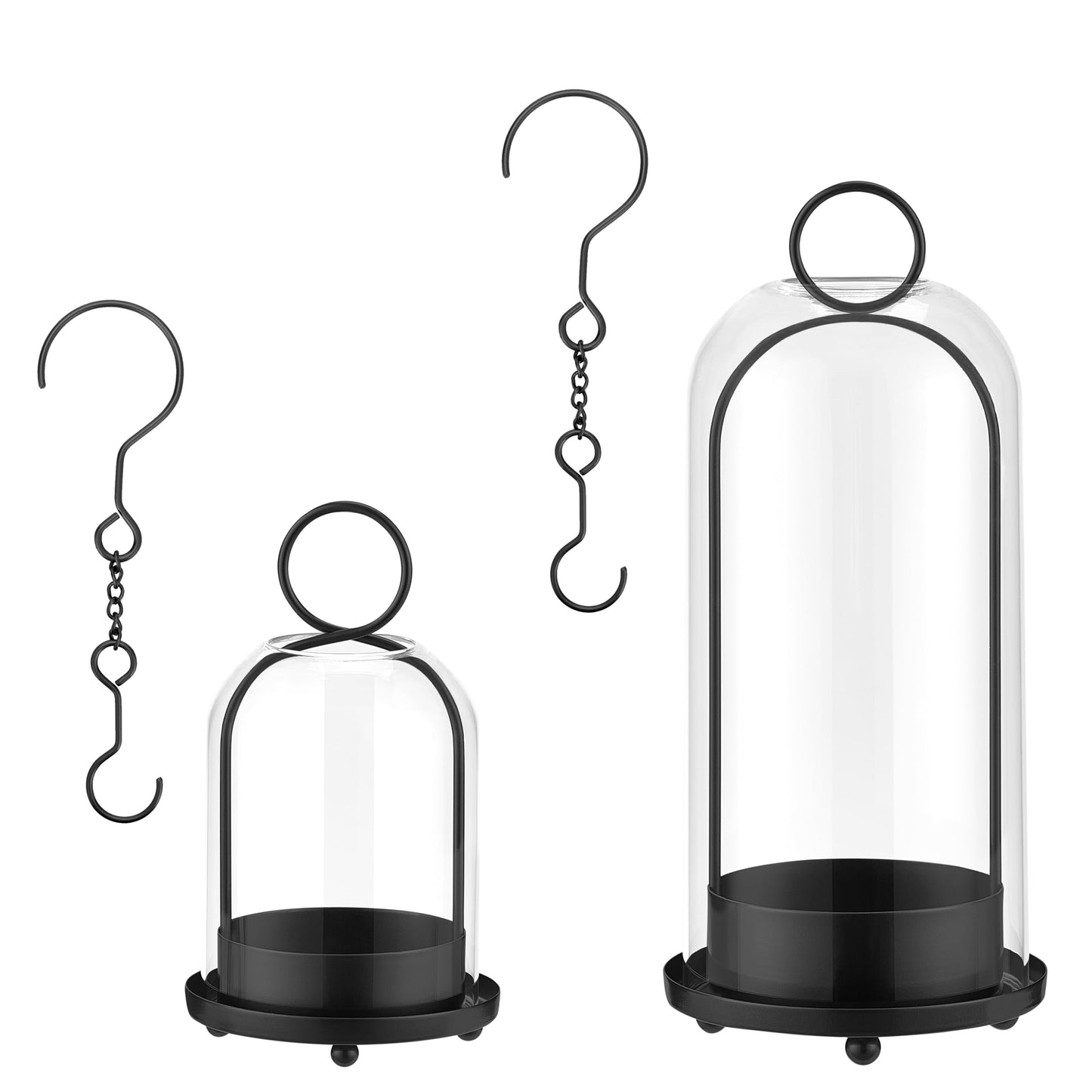 BUZFOWU Candle Holder Lanterns, Handcrafted Metal & Glass with Modern Aesthetic Design, Hurricane Pillar Candlestick Holders, Table or Hanging Decorations Set of 2, 5.1" & 4.4" Diameter, Black