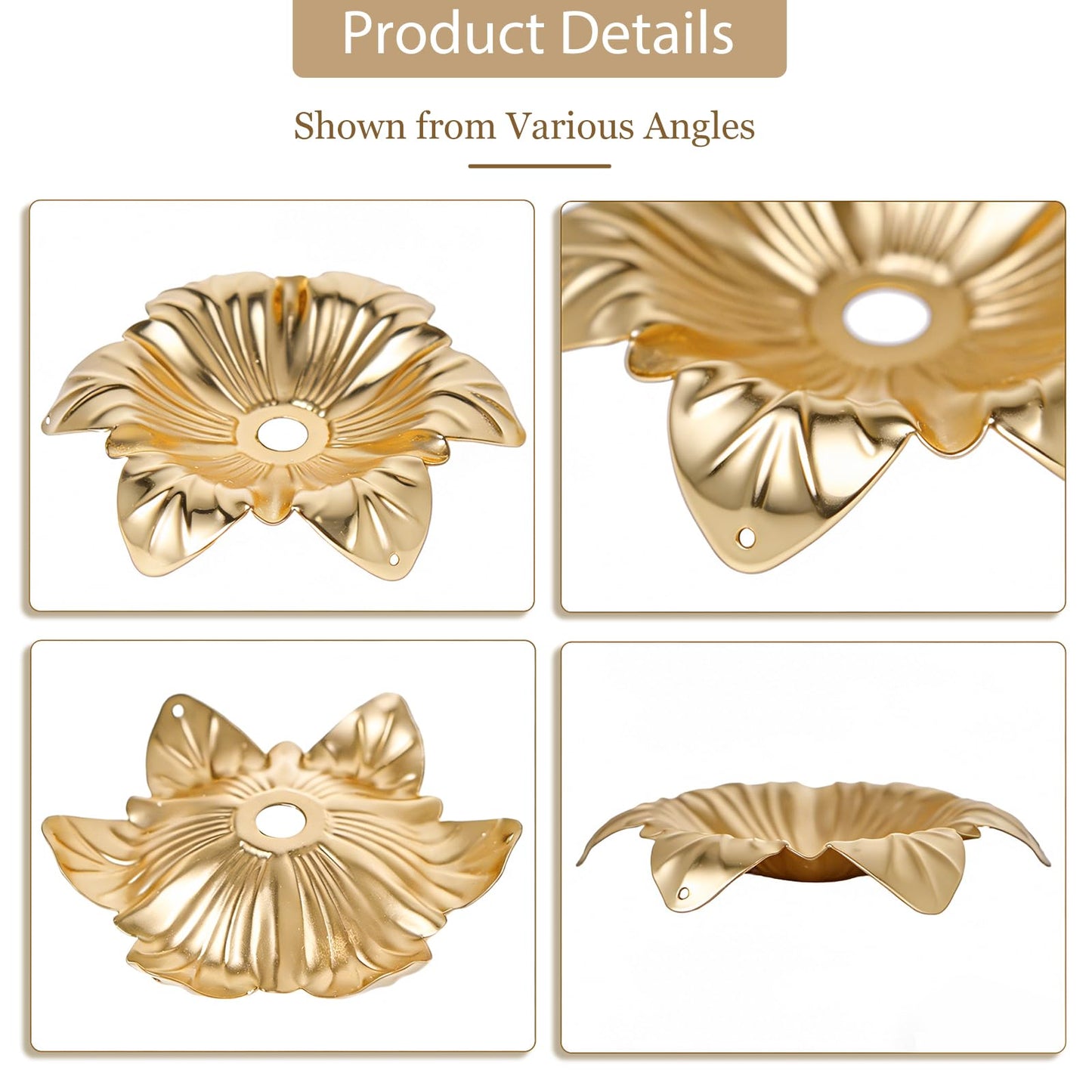 5 Pcs Metal Flower Candle Holder Leaves, 4.3 Inch Metal Candle Stand Accessories with 3 Hanging Holes for Crystal Pendants, Suitable for Candlesticks and Candelabra (Gold, 3.9"-5pcs)