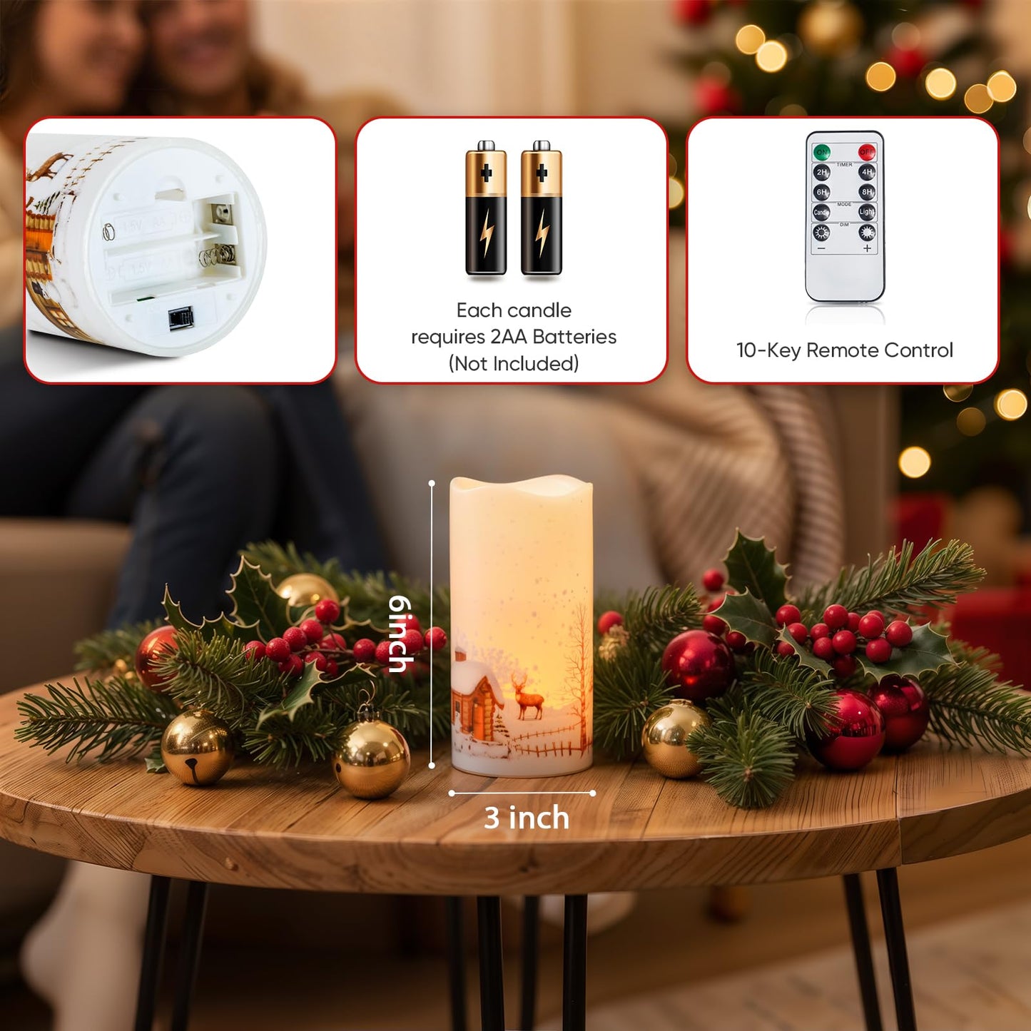 Homemory Christmas Flameless Candles Battery Operated with Snowman, Remote Control and Timers, Real Wax LED Pillar Candles for Rustic Country Home Farmhouse Cabin Decor, Set of 3, 3”x 6”