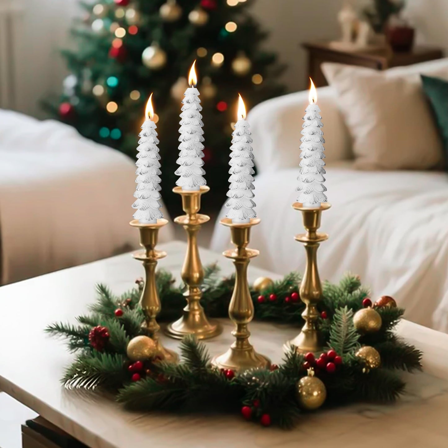 Ceoighe 2 Pack Christmas Tree Candles, 5 Inch Unscented Tree Shaped Taper Beeswax Candles for Christmas Holiday Decor Table Centerpiece Display Party Banquet Gift (White with Silver Trim)