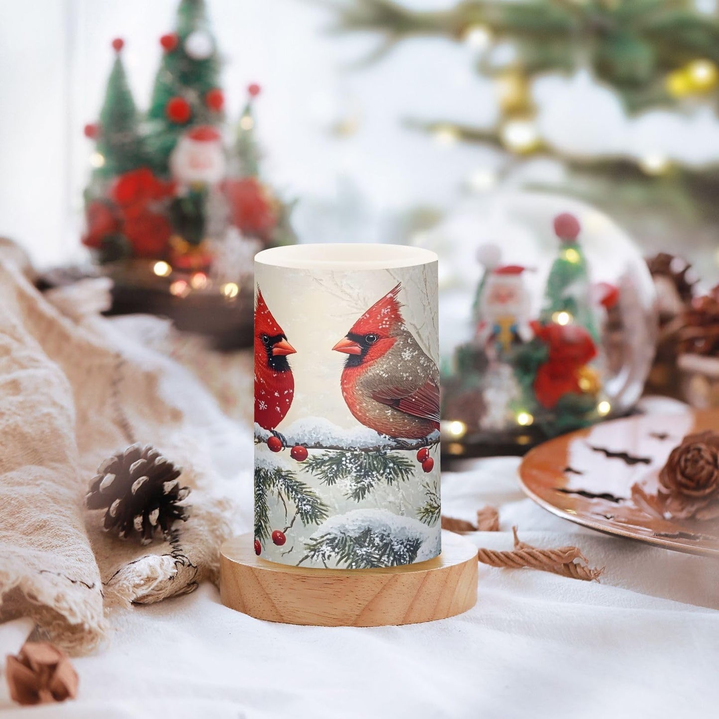 ALAZA Red Cardinals Birds Snowflake Branches Berries Winter Flameless Candles Flickering LED Candles with Remote Timer Battery Operated Pillar Candles Set of 2 for Dinner Holiday Decor
