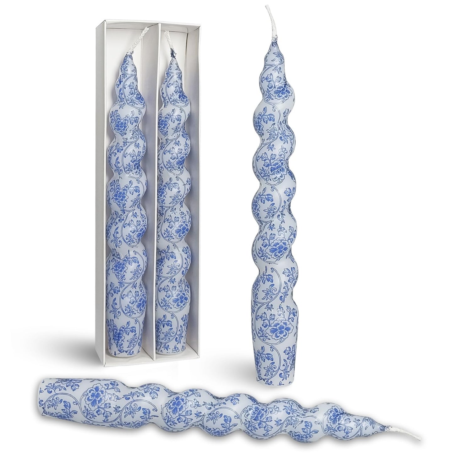 Printed Short Taper Candle Blue Floral Spiral Candlesticks Handmade 7.5 Inch Tapered Candles Smokeless Twisted Candle for Dinner Home Party Decor & Gifts - Set of 2