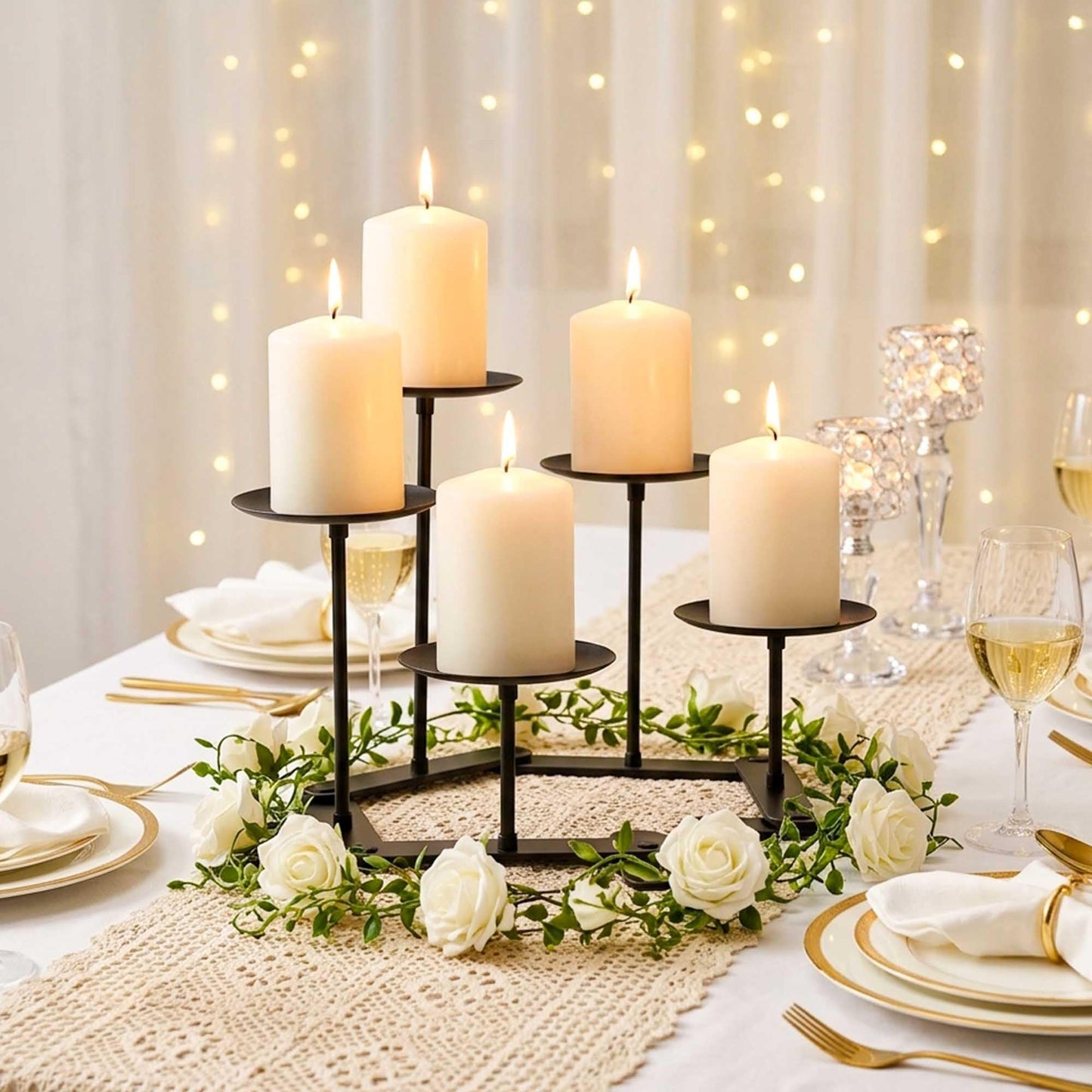 Adjustable Candelabra Candle Holder: 5 Candle Iron Candelabra Fireplace Candle Holder for Pillar Candles, Black
