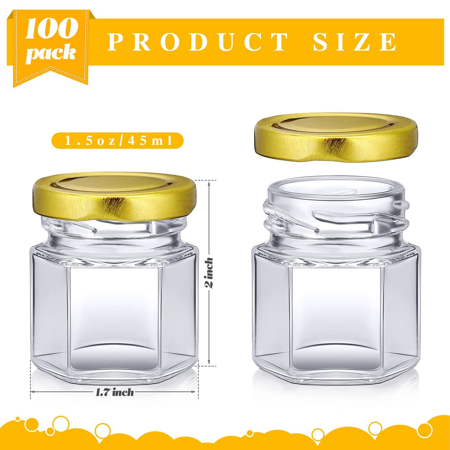 Nuogo 100 Pack 1.5oz Mini Hexagon Glass Jars Bulk for Wedding Small Honey Jars with Lids Spice Jars Canning Jars Mason Jars for Gifts Candy Honey Wedding Party Favors DIY Crafts