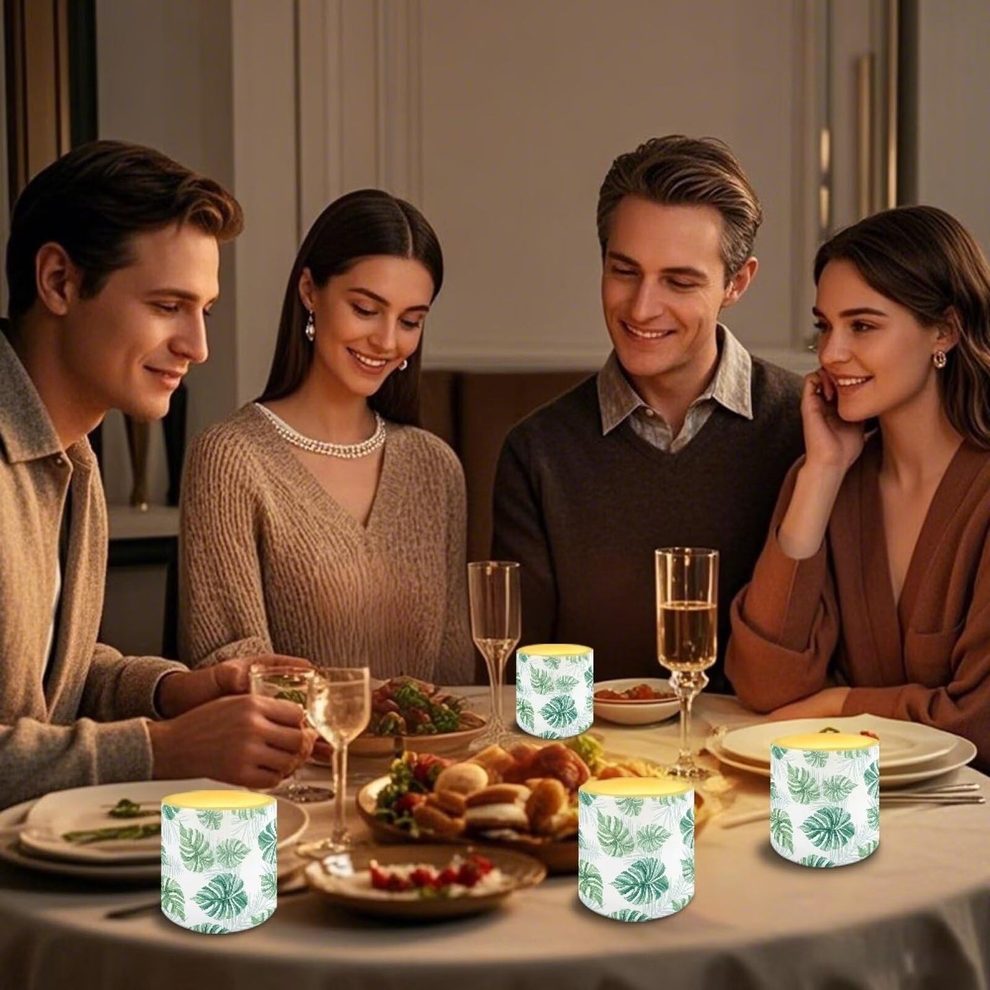 NETILGEN 3 inch Realistic Flickering Flameless Candles with Timer Remote Control 4 Packs LED Battery Powered Candles for Home Decoration Tropical Palm Leaf Print